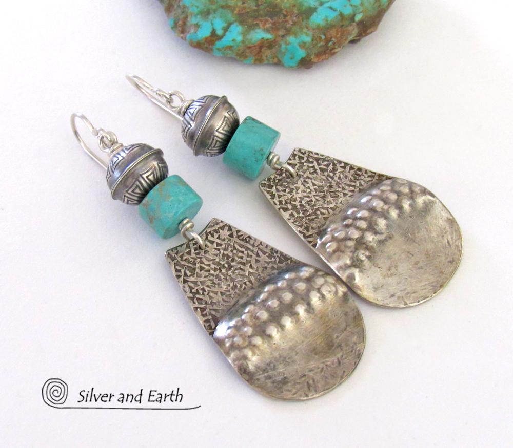 Stamped Sterling Silver & Turquoise Earrings Southwest Silver Jewelry